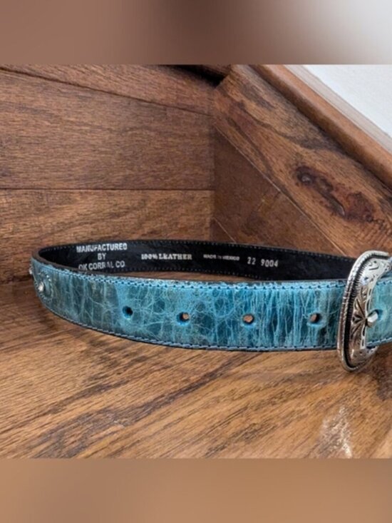 Western Belt Teal Leather, Silver Buckle White/Black Stitching & Gemstones Sz XS main image 8